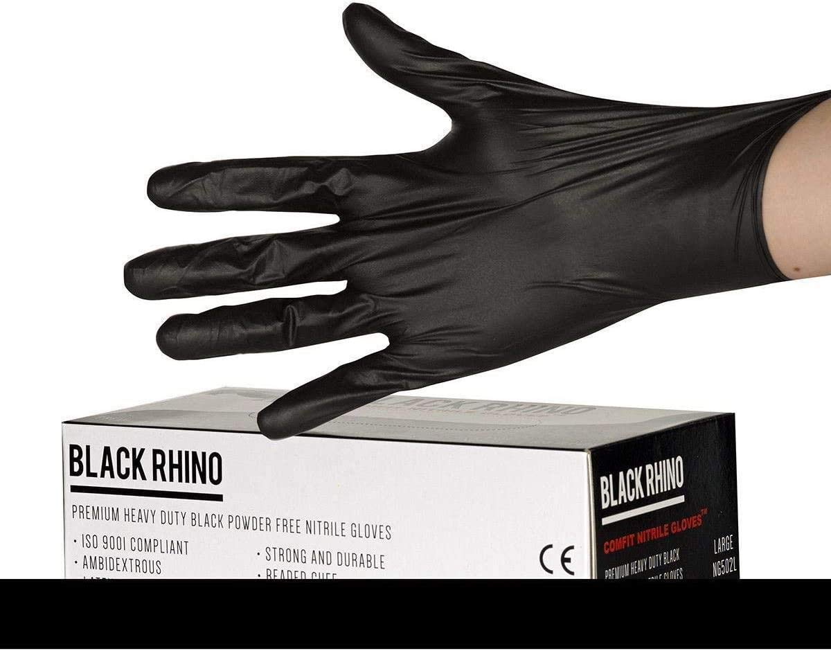 RHINO COMFIT HEAVY DUTY NITRILE POWDER FREE GLOVES LARGE BLACK 100PCS