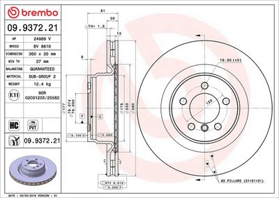BREMBO BRAKE DISC FOR LAND ROVER, DIAMETER 360, FRONT 09.9372.21