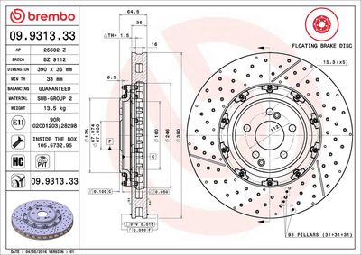 BREMBO BRAKE DISC FOR MERCEDES-BENZ, DIAMETER 390, FRONT 09.9313.33