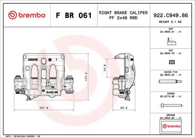 BREMBO PRIME F BR 061 BRAKE CALIPER LCV SUITABLE FOR MERCEDES-BENZ SPRINTER, DIAMETER 48 - BEHIND THE AXLE, FRONT AXLE RIGHT