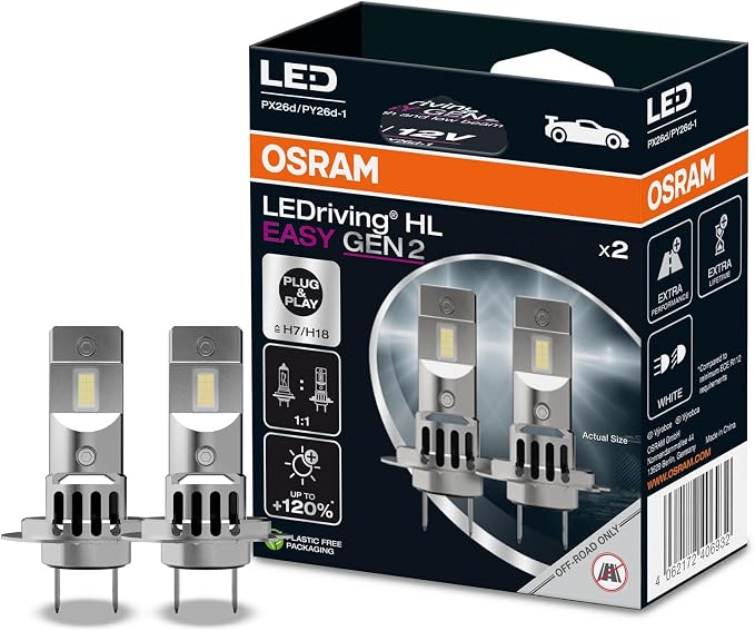 OSRAM LEDRIVING® HL EASY GEN 2 - H7/H18, LED HIGH AND LOW BEAM LAMP, COOL WHITE 6500K, NO ACCESSORY NEEDED, OFFROAD USE ONLY - NO ECE, 2 LAMPS