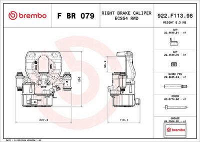 BREMBOPRIME F BR 079 BRAKE CALIPER LCV SUITABLE FOR MERCEDES-BENZ SPRINTER - DIAMETER 54, REAR AXLE RIGHT, IN FRONT OF AXLE