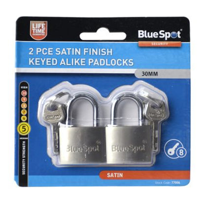 BLUE SPOT TOOLS 2 PCE 30MM SATIN FINISH KEYED ALIKE PADLOCKS