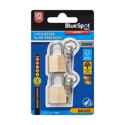 BLUE SPOT TOOLS 2 PCE 20MM BRASS KEYED ALIKE PADLOCKS