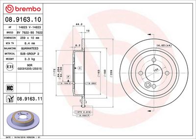 BREMBO BRAKE DISC FOR MINI, DIAMETER 259, (REAR) 08.9163.11