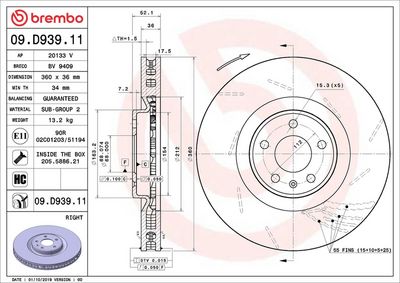 BREMBO BRAKE DISC FOR PORSCHE, DIAMETER 360, FRONT