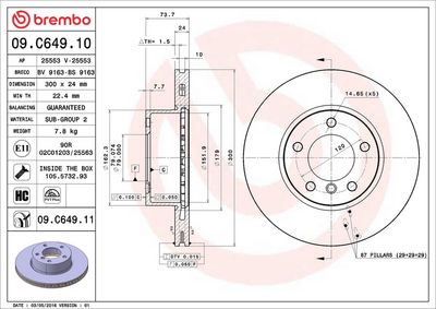 BREMBO BRAKE DISC FOR BMW/BMW (BRILLIANCE), DIAMETER 300, FRONT 09.C649.11