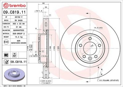 BREMBO BRAKE DISC FOR LAND ROVER, DIAMETER 363, FRONT 09.C819.11