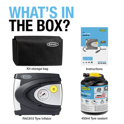 RING RTK6 CAR PUNCTURE REPAIR KIT INCLUDES SEALANT AND RAC610 INFLATOR