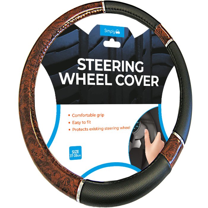 LUXURY BLACK/WOODEN STEERING WHEEL COVER