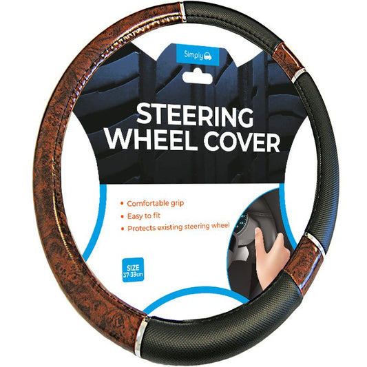 LUXURY BLACK/WOODEN STEERING WHEEL COVER