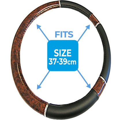 LUXURY BLACK/WOODEN STEERING WHEEL COVER