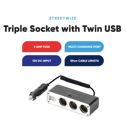 STREETWIZE 12V TRIPLE SOCKET WITH TWIN USB