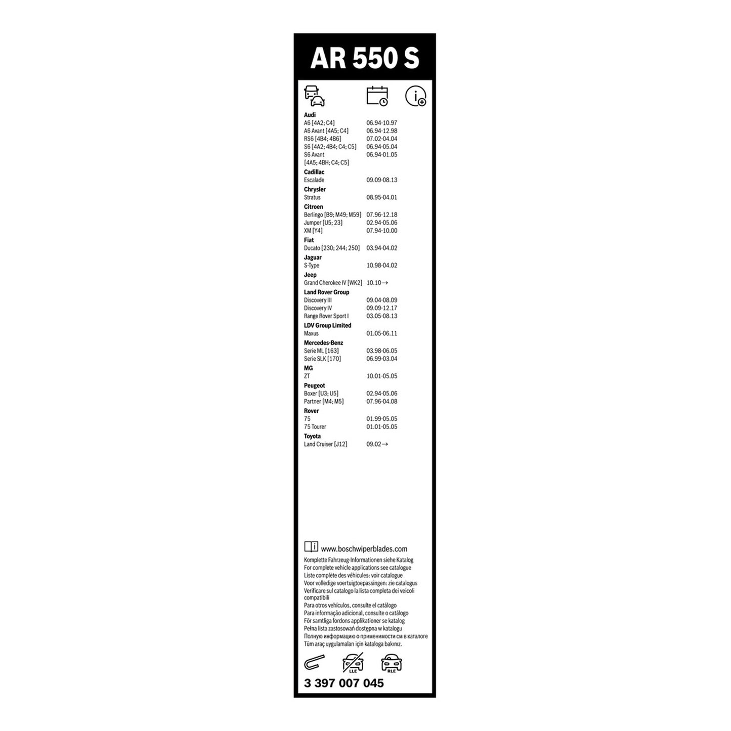 BOSCH WIPER - AEROTWIN RF FLAT BLADE SET 550/530 for Land Rover Discovery TD - 2.7 - 04-09 etc