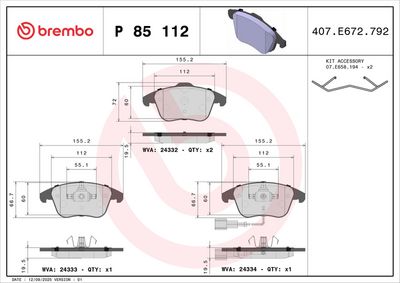 BREMBO BRAKE PAD FOR AUDI/AUDI (FAW)/BORGWARD/SEAT/VW/VW (SVW),  FRONT