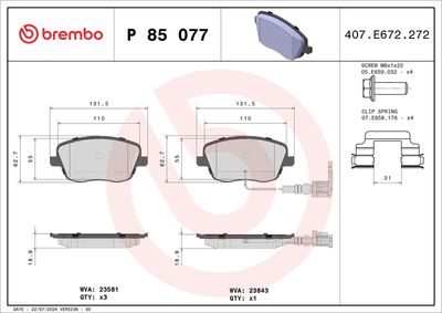 BREMBO BRAKE PAD FOR SEAT/SKODA/VW,  FRONT