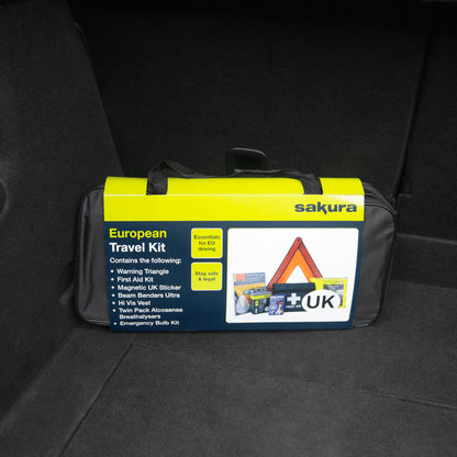 SAKURA EU TRAVEL AND FIRST AID KIT - WARNING TRIANGLE, BEAM CONVERTERS, BREATHALYSER, BULB KIT, HI-VIS VEST, MAGNETIC GB STICKER PERFECT FOR CAR, HOME, WORK