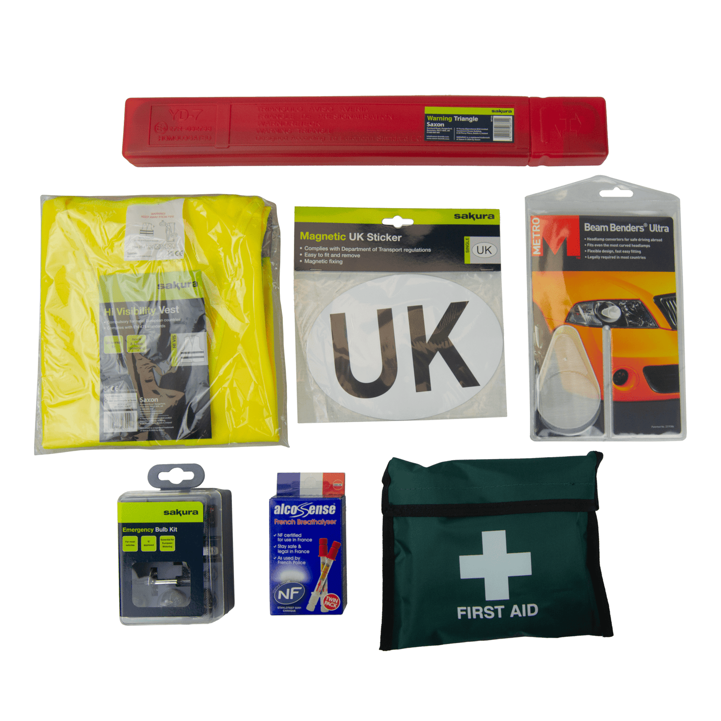 SAKURA EU TRAVEL AND FIRST AID KIT - WARNING TRIANGLE, BEAM CONVERTERS, BREATHALYSER, BULB KIT, HI-VIS VEST, MAGNETIC GB STICKER PERFECT FOR CAR, HOME, WORK