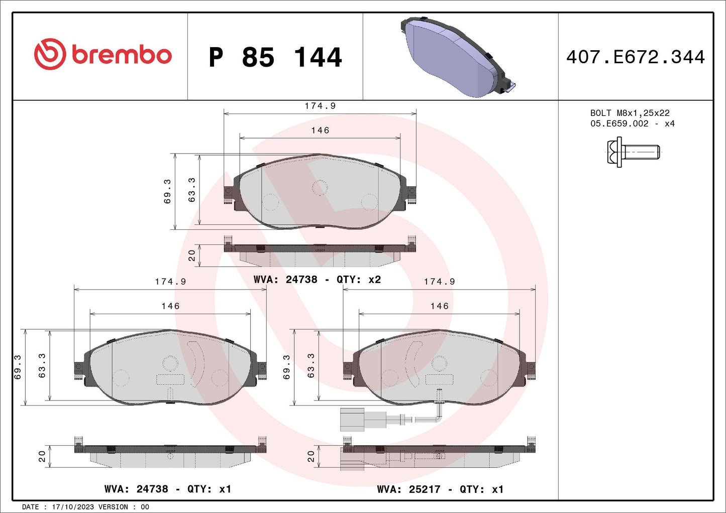 BREMBO BRAKE PAD FOR AUDI/CUPRA/SEAT/SKODA/VW/VW (SVW), FRONT