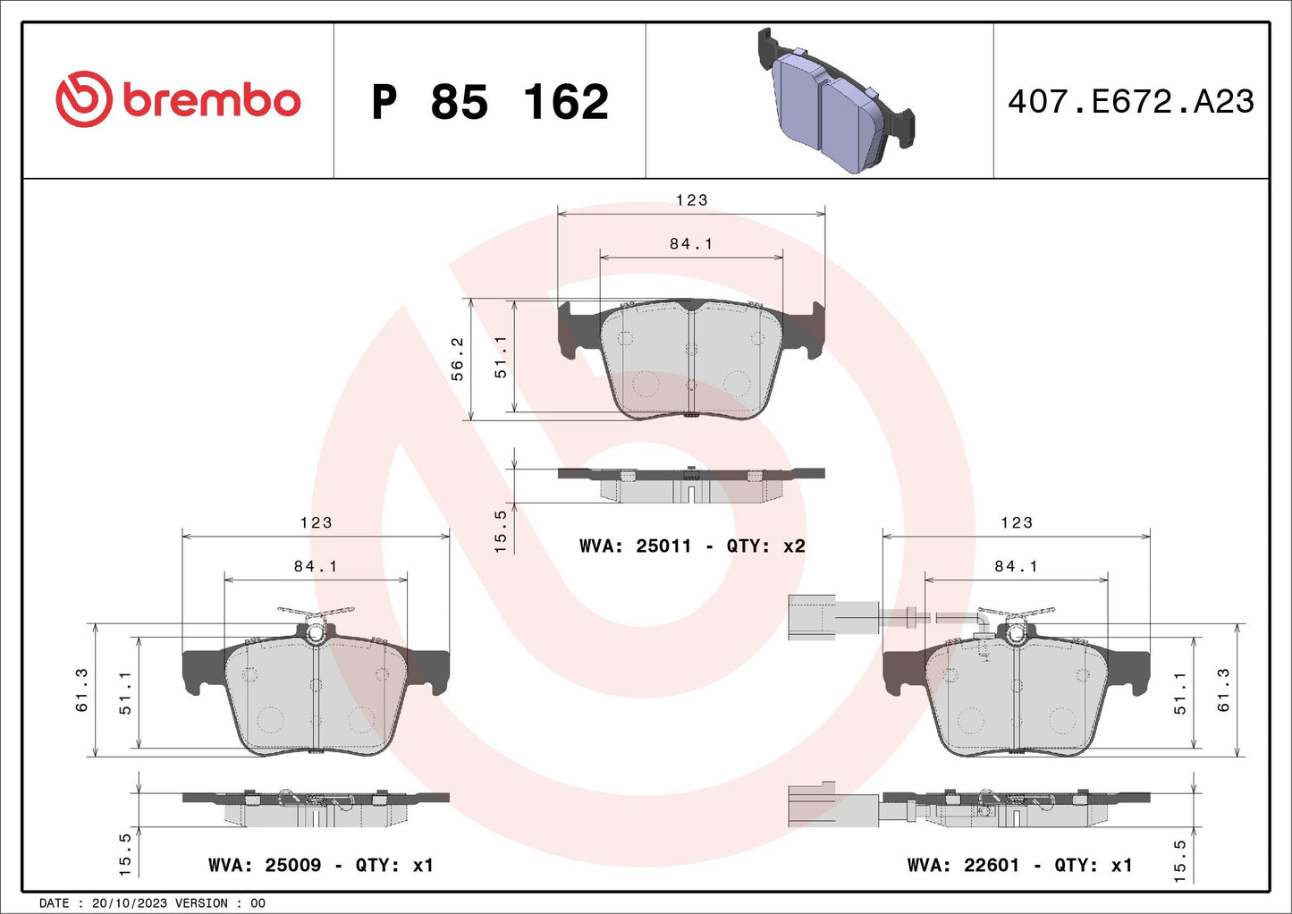 BREMBO BRAKE PAD FOR AUDI/SEAT, REAR